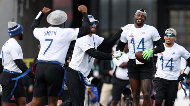DK Metcalf celebrates a touchdown in the Pro Bowl Games.